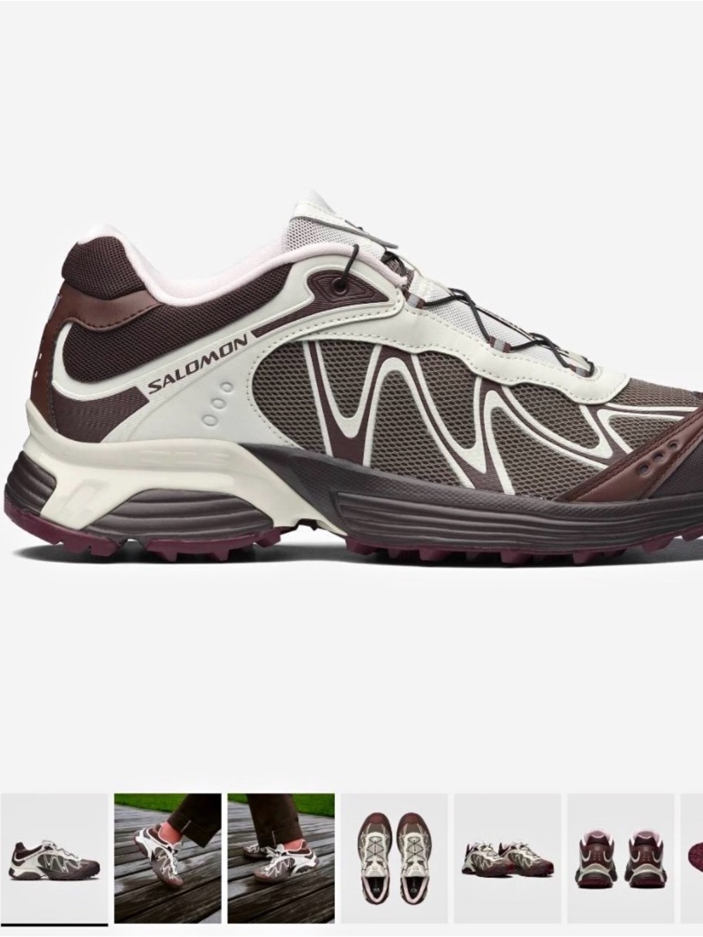 Salomon Athletic Trail Shoe — Brown and White with Maroon Accents